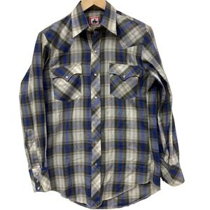 CHUTE 1 Mens Plaid Western Long Sleeve Pearl Snap Shirt Blue Tan Green